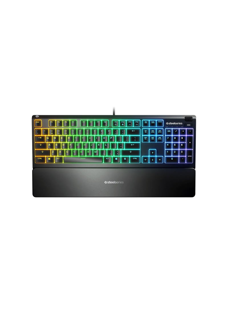 Apex 3 Water Resistant Gaming Keyboard, Premium Magnetic Wrist Rest, Whisper Quiet Gaming Switch, 10-Zone RGB Illumination, Anti-Ghosting, English US Layout, Black | 64795