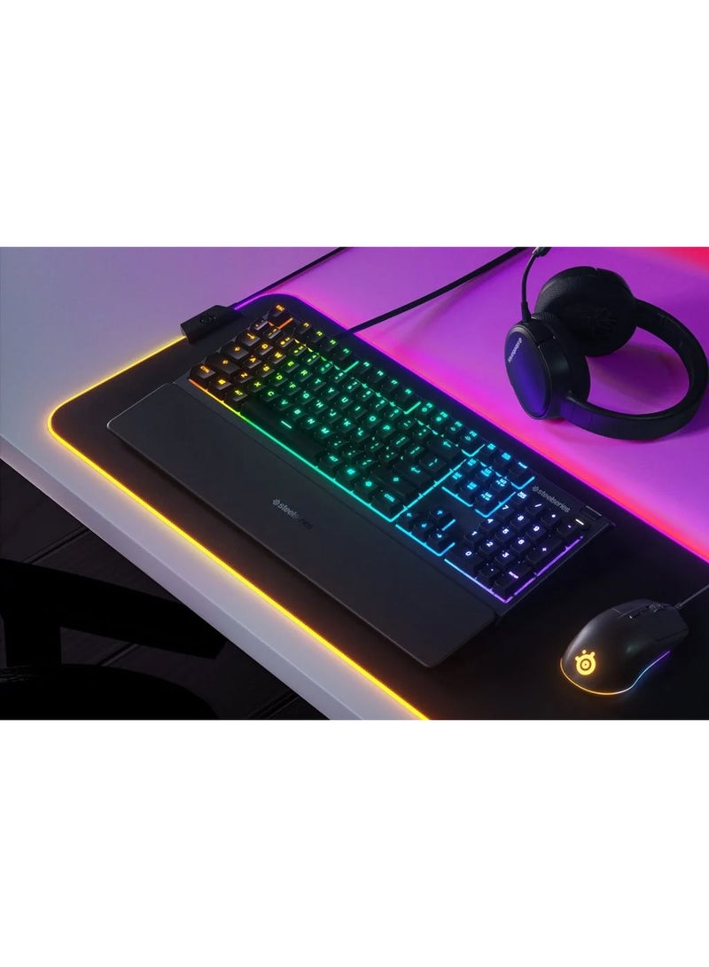 Apex 3 Water Resistant Gaming Keyboard, Premium Magnetic Wrist Rest, Whisper Quiet Gaming Switch, 10-Zone RGB Illumination, Anti-Ghosting, English US Layout, Black | 64795