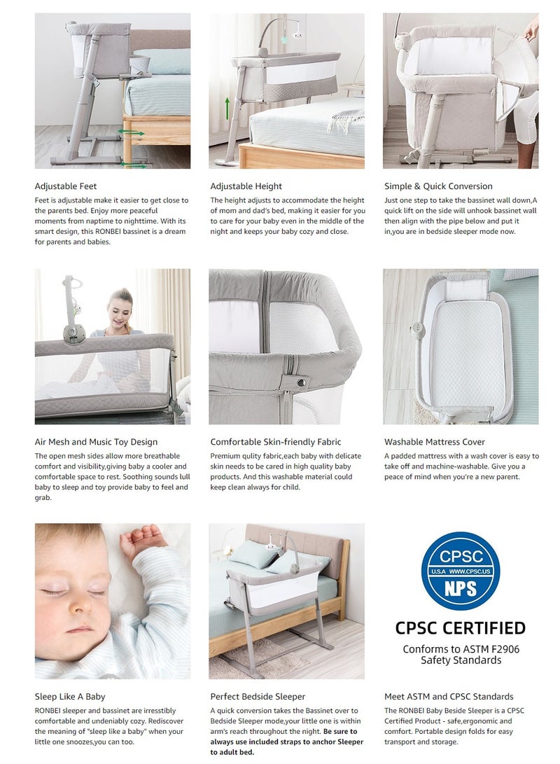 RONBEI - baby bedside crib, With Music Function And Toys, Adjustable & Portable, for Infant For Baby Boy & Girl.