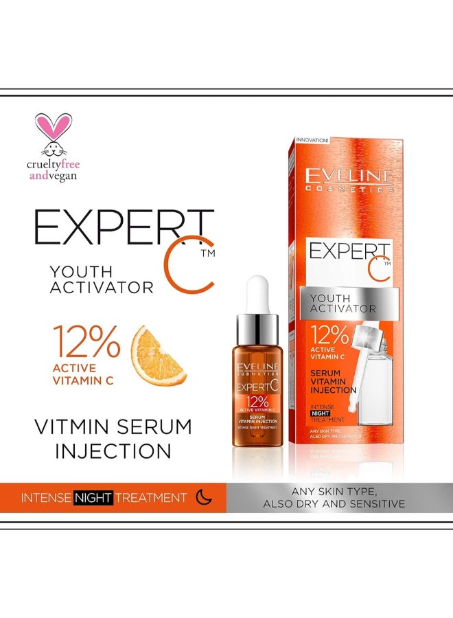 Eveline Cosmetics Expert C 12% Active Vitamin C Serum, Intense Night Treatment For All Skin Types 18ml