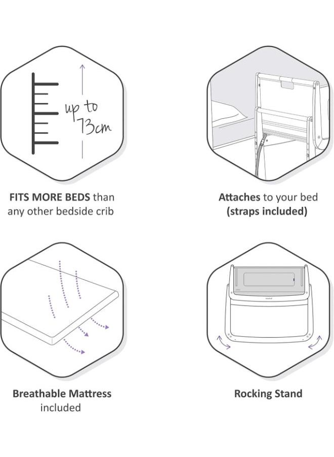 Pod4 Bedside Crib For Infant And Baby, Increased Air Flow For Better Sleep, 3D Breathable Mattress, Machine Washable Liner, Rocking Stand, Suitable From 0 To 6 Months ( L100 X 49 X H95) - Dusk
