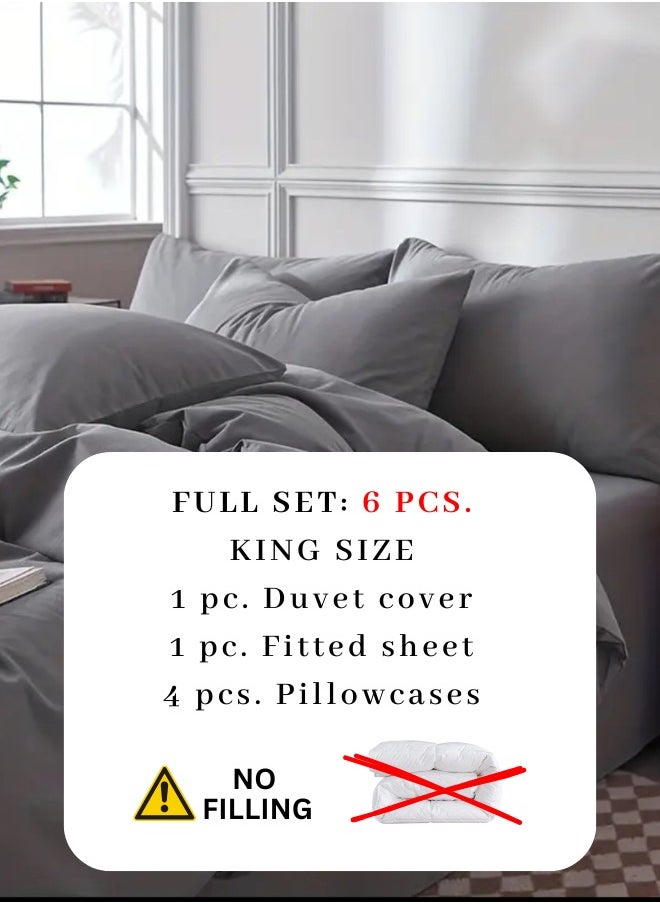 King Size 6-Piece Premium Quality Bedding Set in Solid Dark Grey, No Filler Included.