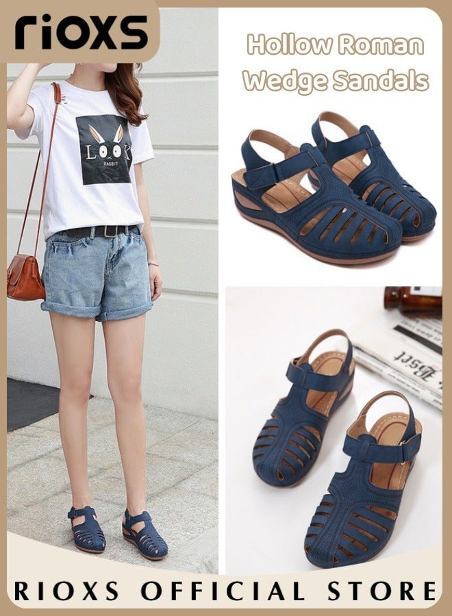 Women's Hollow Roman Wedge Sandals Round Open Toe Sandals Summer Comfortable Buckle Sandals