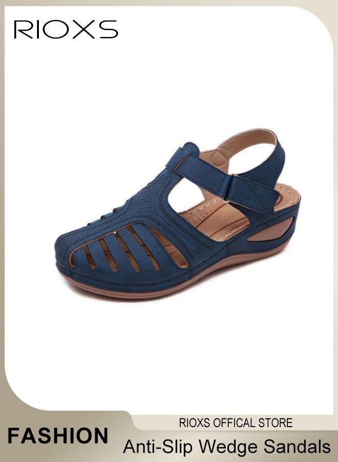 Women's Hollow Roman Wedge Sandals Round Open Toe Sandals Summer Comfortable Buckle Sandals