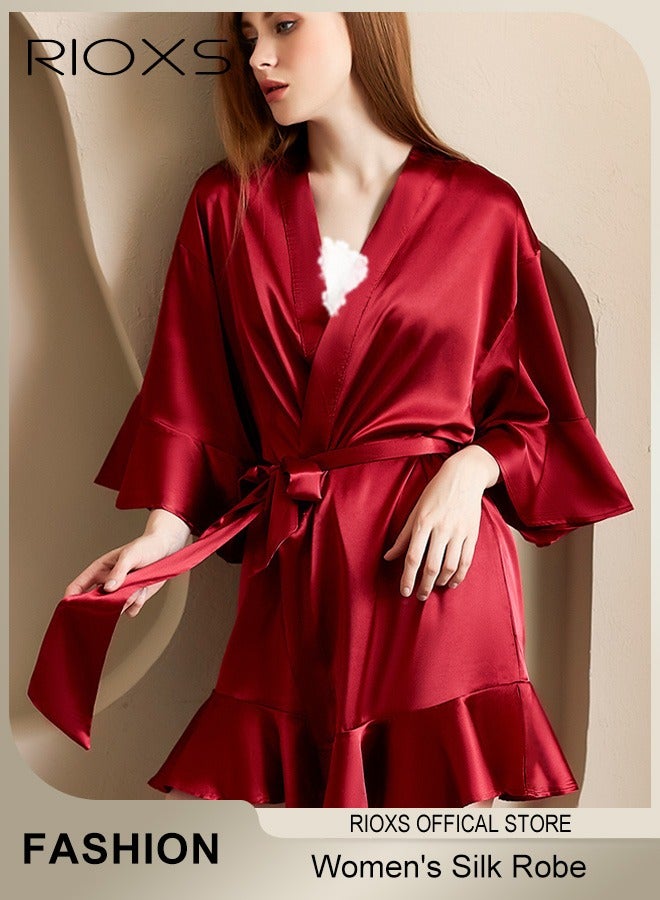 Women's Silky Satin Short Robe with Adjustable Tie and 3/4 Sleeves, Skin-friendly Lightweight Kimono Bathrobe with Above-knee Length, Stylish Comfortable Sleepwear, Perfect for Wedding Day, Pajamas Party, Daily Life Wear and Spa