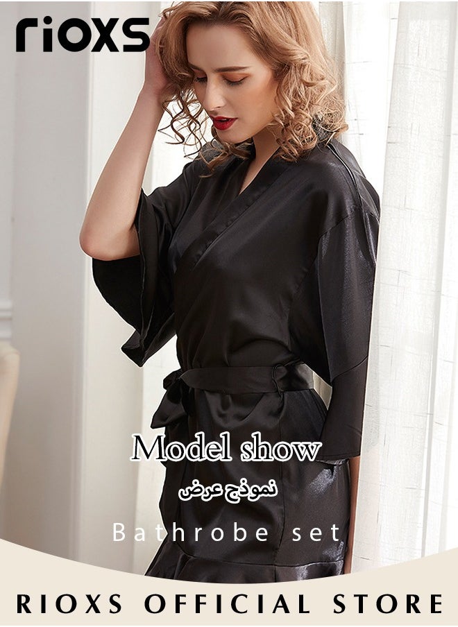 Women's Silky Satin Short Robe with Adjustable Tie and 3/4 Sleeves, Skin-friendly Lightweight Kimono Bathrobe with Above-knee Length, Stylish Comfortable Sleepwear, Perfect for Wedding Day, Pajamas Party, Daily Life Wear and Spa