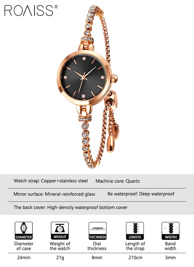 Women's Bracelet Quartz Watch with Analog Display Round Black Dial and Rhinestones Decorated Strap Waterproof Elegant Wristwatch as Gift for Ladies