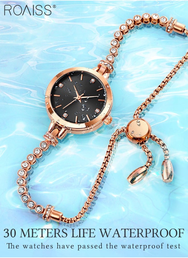 Women's Bracelet Quartz Watch with Analog Display Round Black Dial and Rhinestones Decorated Strap Waterproof Elegant Wristwatch as Gift for Ladies