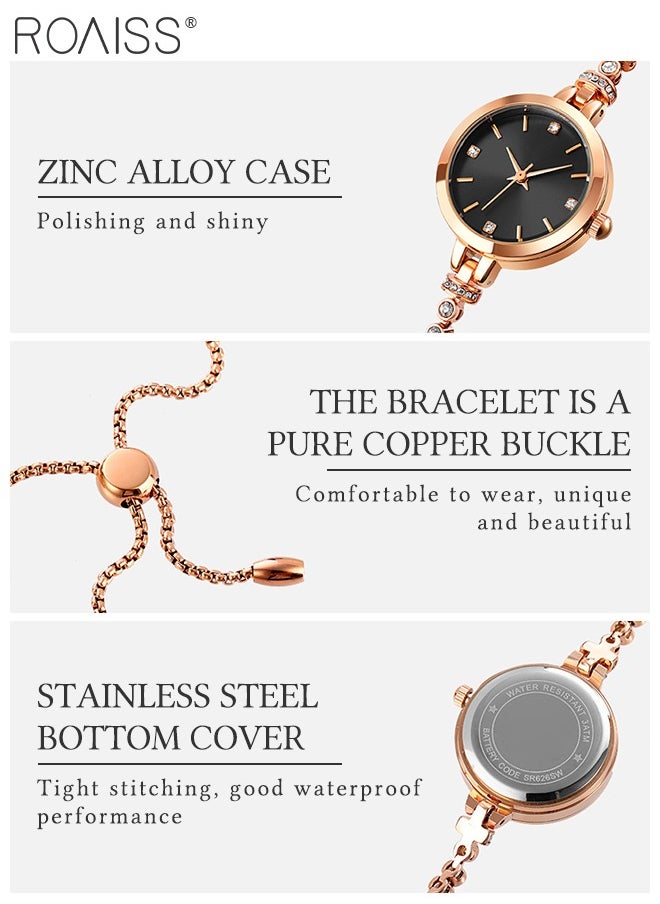 Women's Bracelet Quartz Watch with Analog Display Round Black Dial and Rhinestones Decorated Strap Waterproof Elegant Wristwatch as Gift for Ladies