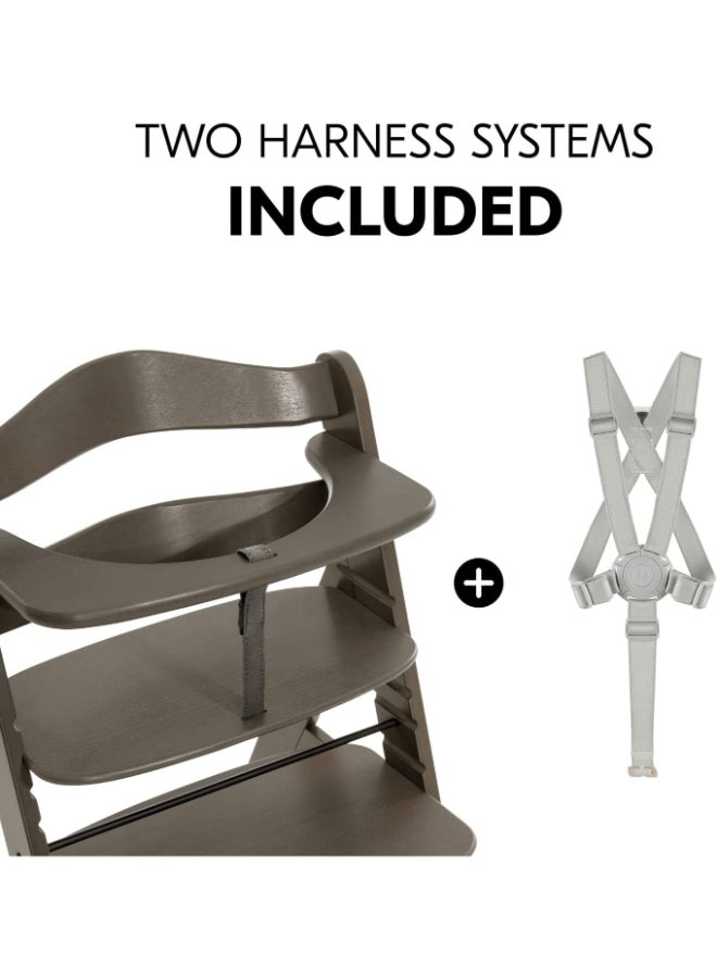 High Chair Alpha+ Fsc Certified Beechwood, Wooden Highchair From 6 Months Up To 90 Kg, Toddler High Chair Incl. Crotch Strap In Leatherette 5 - Point Harness Bumper Bar - Charcoal