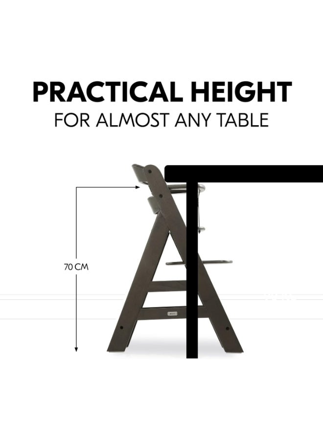 High Chair Alpha+ Fsc Certified Beechwood, Wooden Highchair From 6 Months Up To 90 Kg, Toddler High Chair Incl. Crotch Strap In Leatherette 5 - Point Harness Bumper Bar - Charcoal
