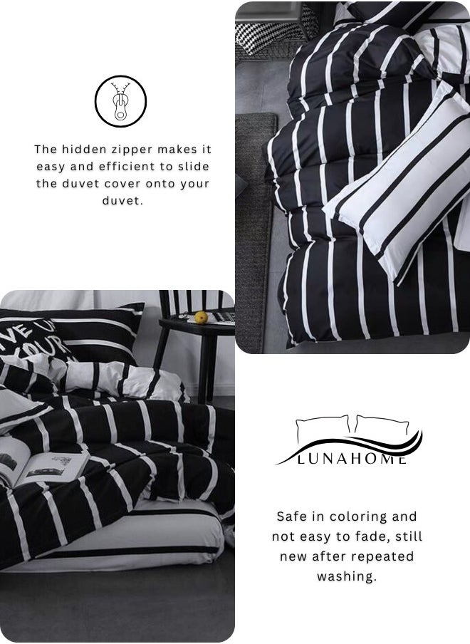 4 Piece Striped Single Size Duvet Cover Set. Black and White Reversible Bedding Set.