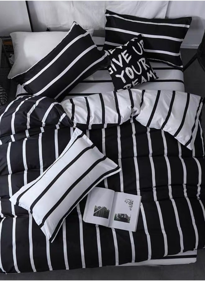 4 Piece Striped Single Size Duvet Cover Set. Black and White Reversible Bedding Set.