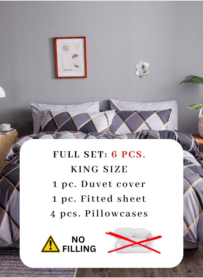 King Size 6 Piece Diamond Pattern Duvet Cover Set Black And Gray Bedding Set.