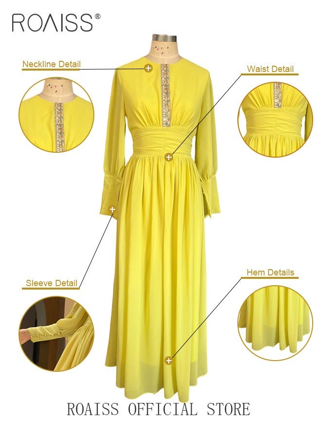 Ladies Dress Solid Color High-Rise Chiffon Waist Puff Sleeve Long Sleeve Crew Neck Abaya Dress for Ladies Ramadan Eid al-Adha