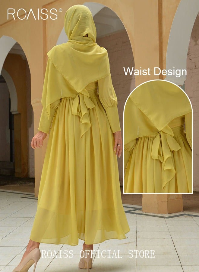 Ladies Dress Solid Color High-Rise Chiffon Waist Puff Sleeve Long Sleeve Crew Neck Abaya Dress for Ladies Ramadan Eid al-Adha