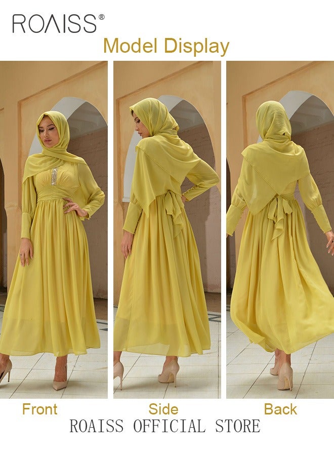 Ladies Dress Solid Color High-Rise Chiffon Waist Puff Sleeve Long Sleeve Crew Neck Abaya Dress for Ladies Ramadan Eid al-Adha