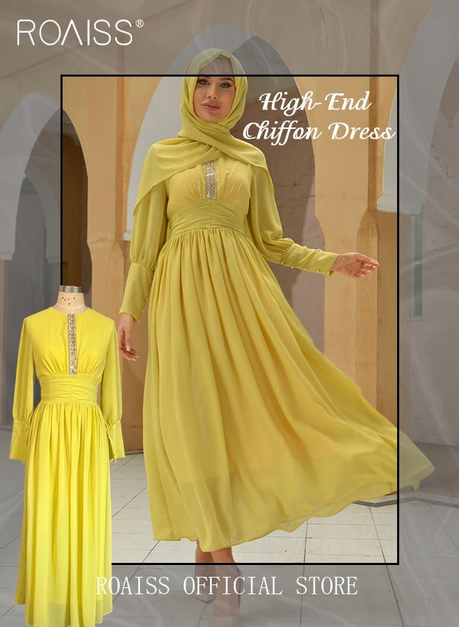 Ladies Dress Solid Color High-Rise Chiffon Waist Puff Sleeve Long Sleeve Crew Neck Abaya Dress for Ladies Ramadan Eid al-Adha