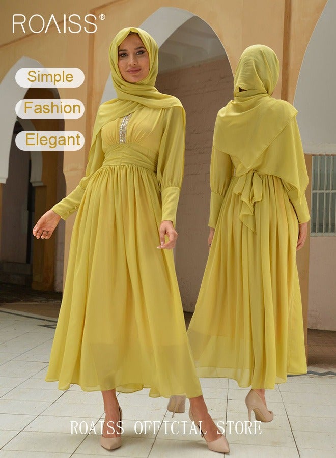 Ladies Dress Solid Color High-Rise Chiffon Waist Puff Sleeve Long Sleeve Crew Neck Abaya Dress for Ladies Ramadan Eid al-Adha