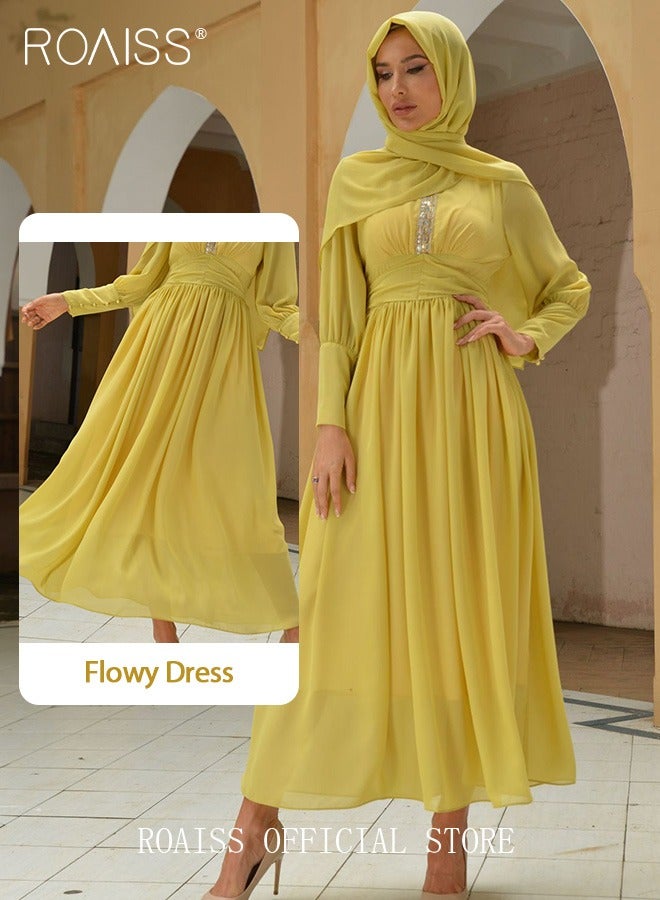 Ladies Dress Solid Color High-Rise Chiffon Waist Puff Sleeve Long Sleeve Crew Neck Abaya Dress for Ladies Ramadan Eid al-Adha