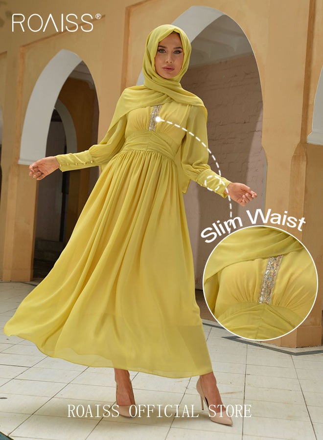 Ladies Dress Solid Color High-Rise Chiffon Waist Puff Sleeve Long Sleeve Crew Neck Abaya Dress for Ladies Ramadan Eid al-Adha