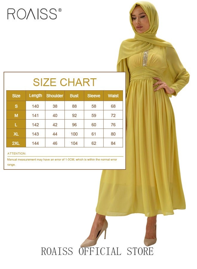 Ladies Dress Solid Color High-Rise Chiffon Waist Puff Sleeve Long Sleeve Crew Neck Abaya Dress for Ladies Ramadan Eid al-Adha