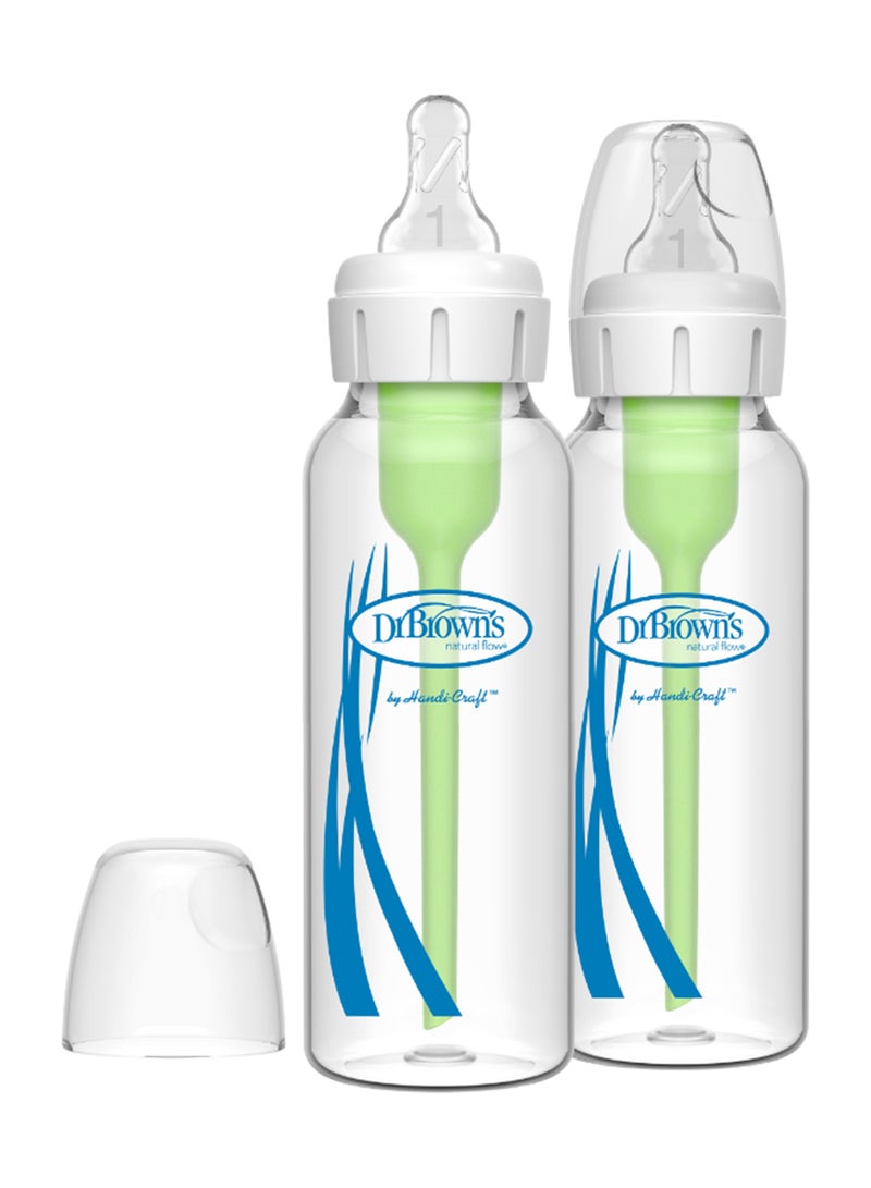 Pack Of 2 Baby Natural Flow Anti-Colic Options+ Narrow Glass Feeding Bottle, 2 X 250 ML, Level 1 Slow Flow Nipple, 0 Months +