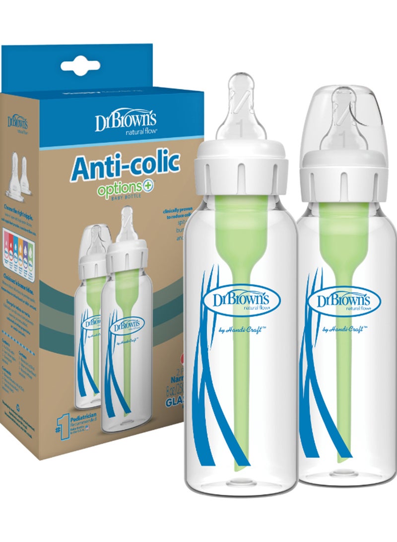 Pack Of 2 Baby Natural Flow Anti-Colic Options+ Narrow Glass Feeding Bottle, 2 X 250 ML, Level 1 Slow Flow Nipple, 0 Months +