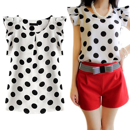 Women's Casual Polka Dot Summer Short Sleeve Tops white