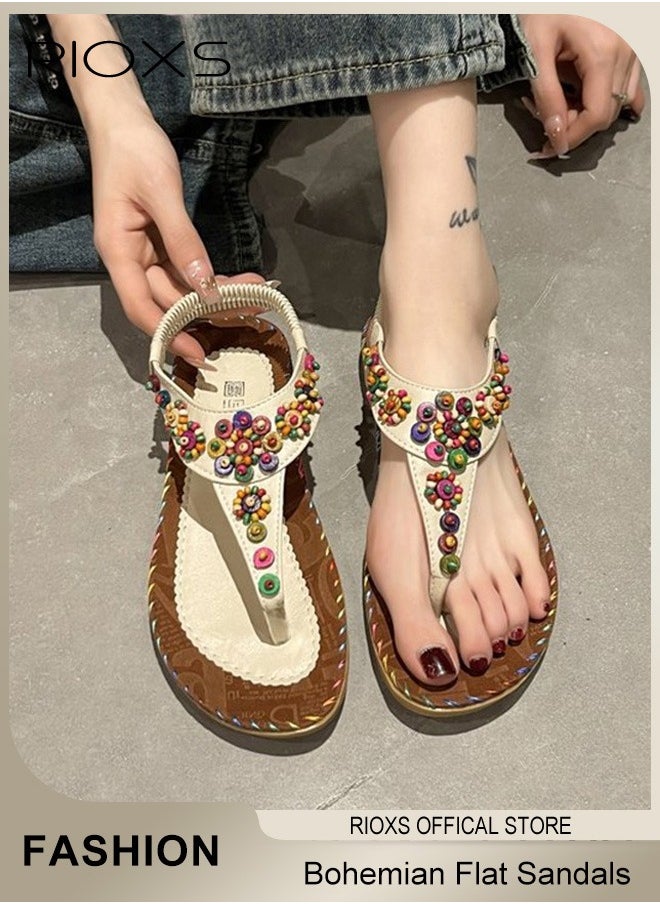 Women's Flat Sandals, Bohemian Beaded Sandals For Women, Ladies Ankle Strap Beach Slide Sandal, Casual Flat Flip Flops, Beach Slip-on Open-toes Shoes For Ladies, Fashion Bohemian Flip-flops For Vacation Shopping Walking Daily Wear