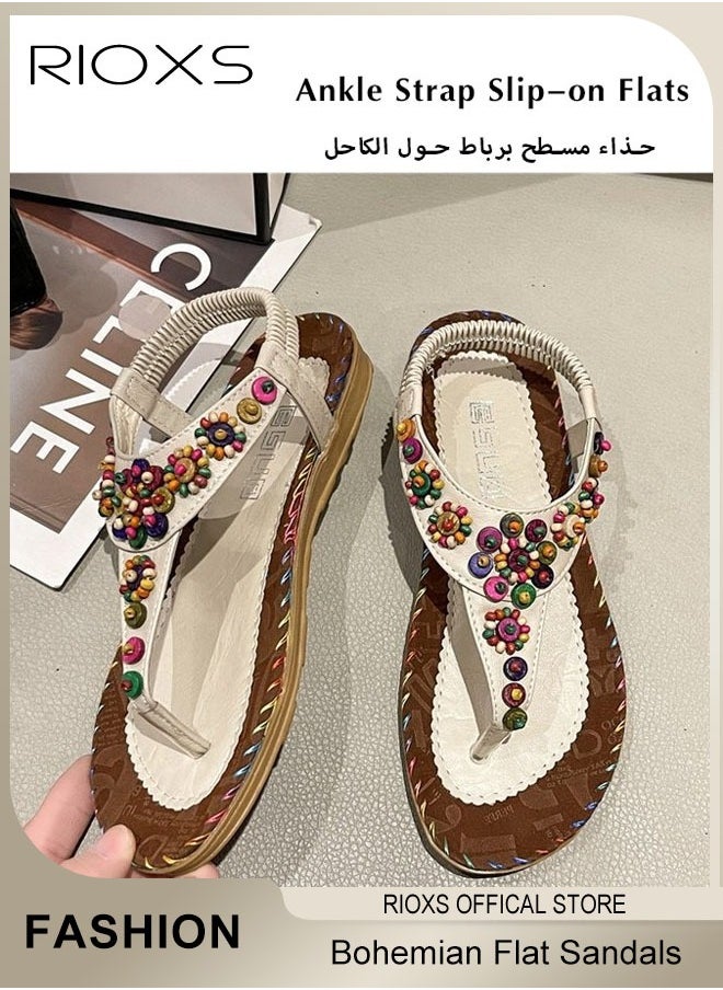 Women's Flat Sandals, Bohemian Beaded Sandals For Women, Ladies Ankle Strap Beach Slide Sandal, Casual Flat Flip Flops, Beach Slip-on Open-toes Shoes For Ladies, Fashion Bohemian Flip-flops For Vacation Shopping Walking Daily Wear