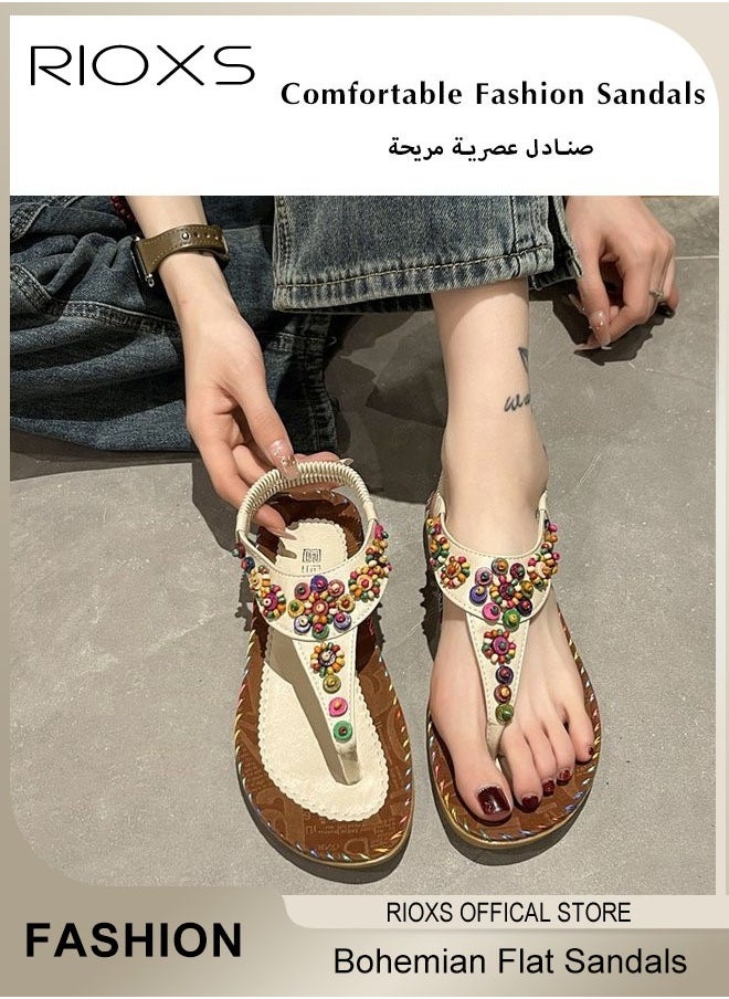 Women's Flat Sandals, Bohemian Beaded Sandals For Women, Ladies Ankle Strap Beach Slide Sandal, Casual Flat Flip Flops, Beach Slip-on Open-toes Shoes For Ladies, Fashion Bohemian Flip-flops For Vacation Shopping Walking Daily Wear