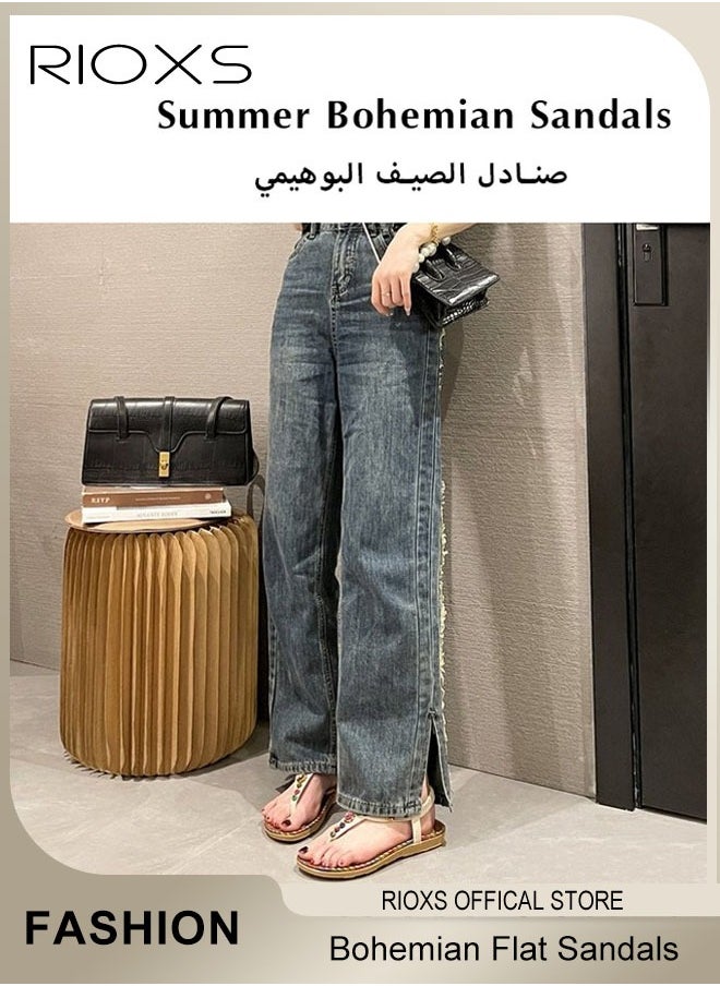 Women's Flat Sandals, Bohemian Beaded Sandals For Women, Ladies Ankle Strap Beach Slide Sandal, Casual Flat Flip Flops, Beach Slip-on Open-toes Shoes For Ladies, Fashion Bohemian Flip-flops For Vacation Shopping Walking Daily Wear