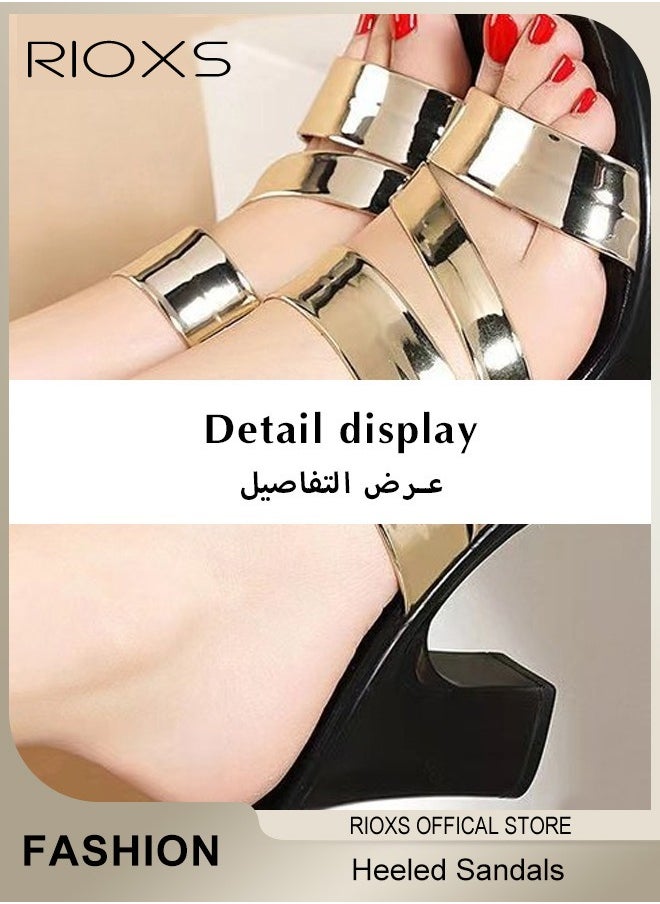Women's Heeled Sandals, Bright Strappy Platform Slippers For Women, Fashion Chunky Heel Elegant Shoes, Round Toe Summer Sandals, Anti-slip Block Heels Mule Sandals For Party Dating Wedding, Ladies Dress Pumps Shoes