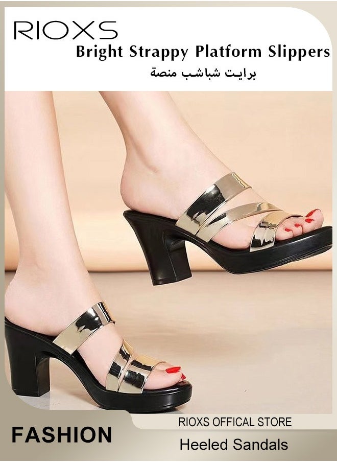 Women's Heeled Sandals, Bright Strappy Platform Slippers For Women, Fashion Chunky Heel Elegant Shoes, Round Toe Summer Sandals, Anti-slip Block Heels Mule Sandals For Party Dating Wedding, Ladies Dress Pumps Shoes