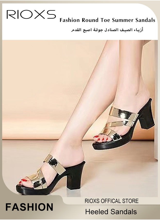 Women's Heeled Sandals, Bright Strappy Platform Slippers For Women, Fashion Chunky Heel Elegant Shoes, Round Toe Summer Sandals, Anti-slip Block Heels Mule Sandals For Party Dating Wedding, Ladies Dress Pumps Shoes