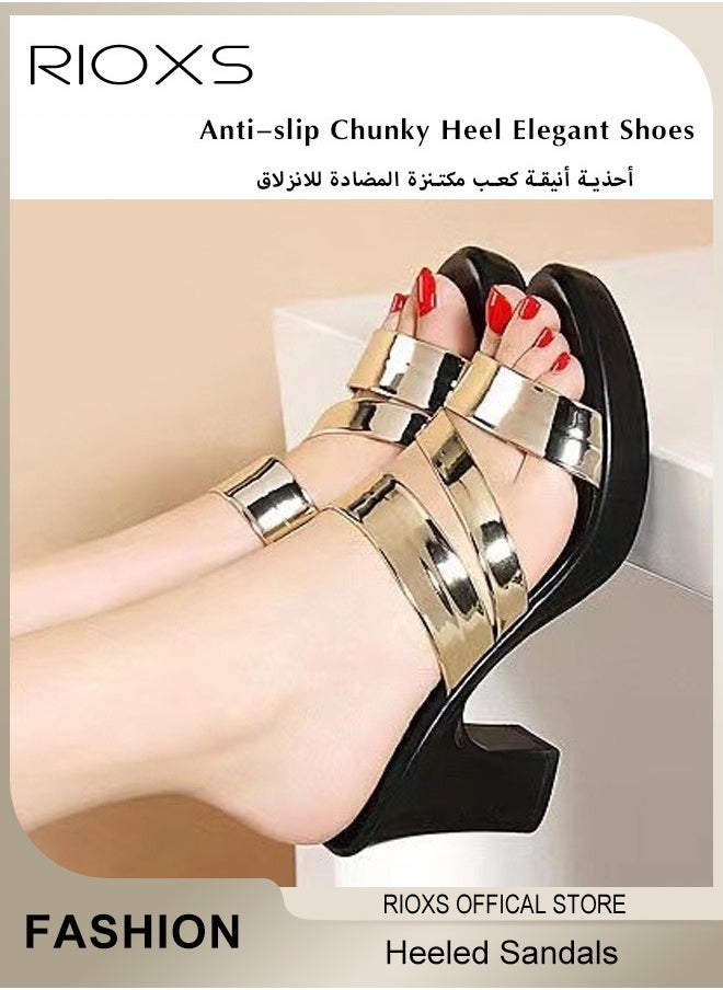 Women's Heeled Sandals, Bright Strappy Platform Slippers For Women, Fashion Chunky Heel Elegant Shoes, Round Toe Summer Sandals, Anti-slip Block Heels Mule Sandals For Party Dating Wedding, Ladies Dress Pumps Shoes