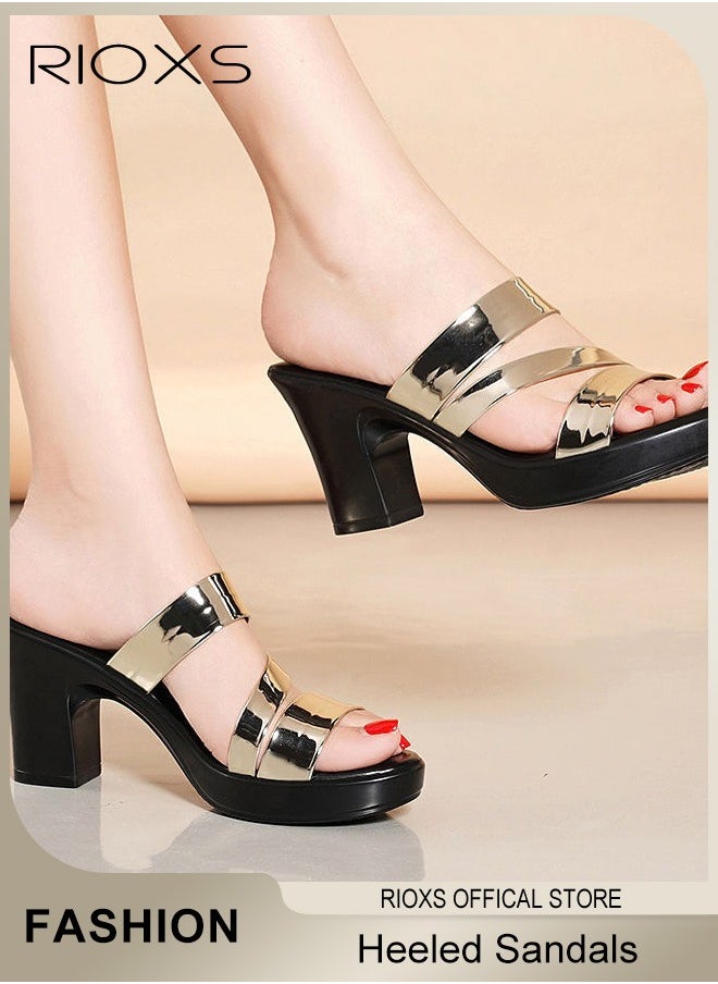 Women's Heeled Sandals, Bright Strappy Platform Slippers For Women, Fashion Chunky Heel Elegant Shoes, Round Toe Summer Sandals, Anti-slip Block Heels Mule Sandals For Party Dating Wedding, Ladies Dress Pumps Shoes
