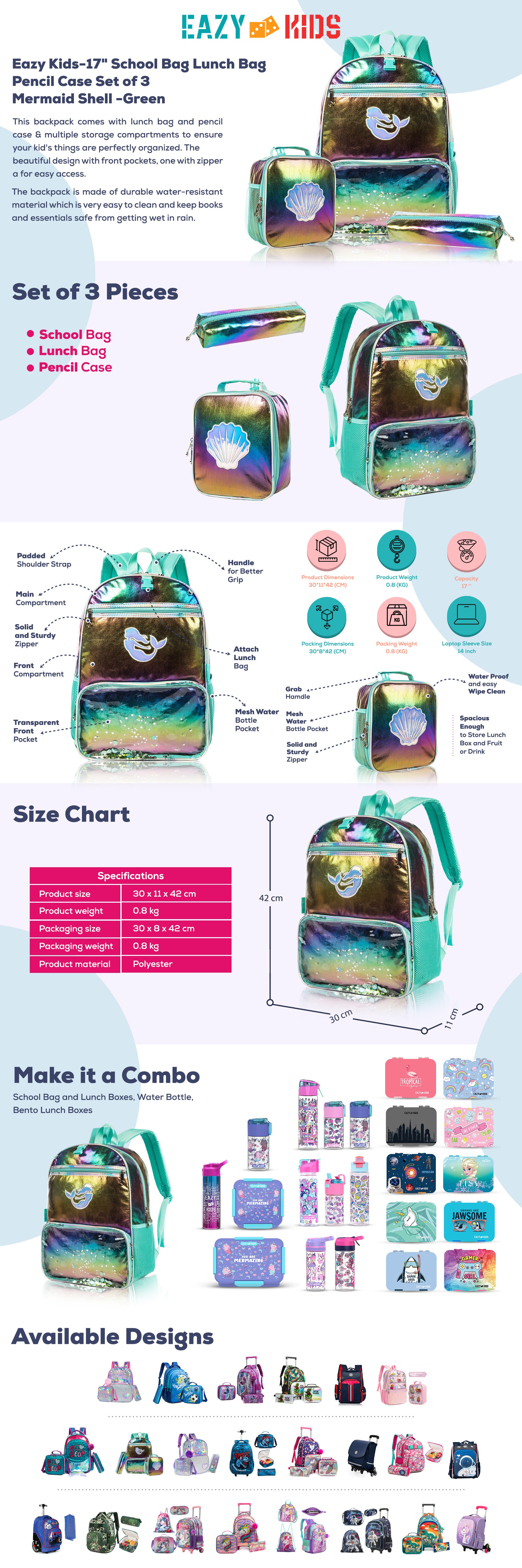 17 School Bag Lunch Bag Pencil Case Set of 3 Mermaid Shell