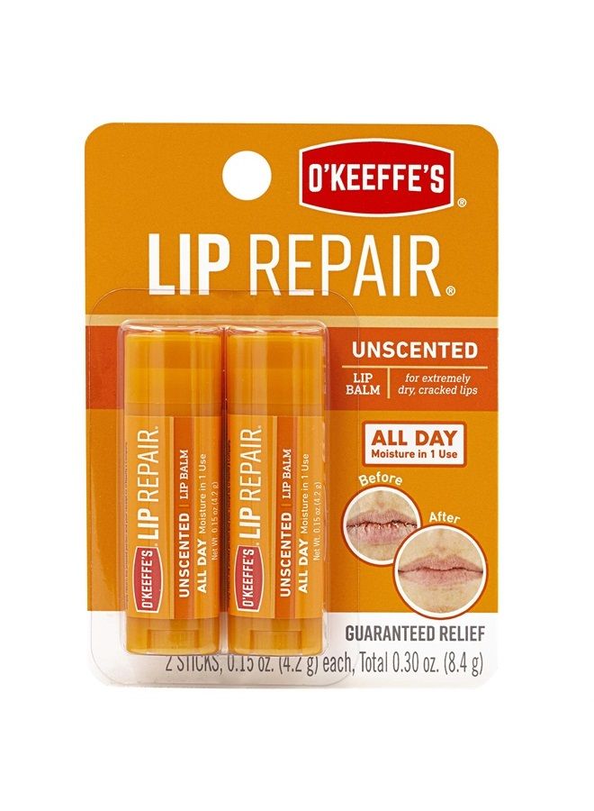 Unscented Lip Repair Lip Balm for Dry, Cracked Lips, Stick, Twin Pack
