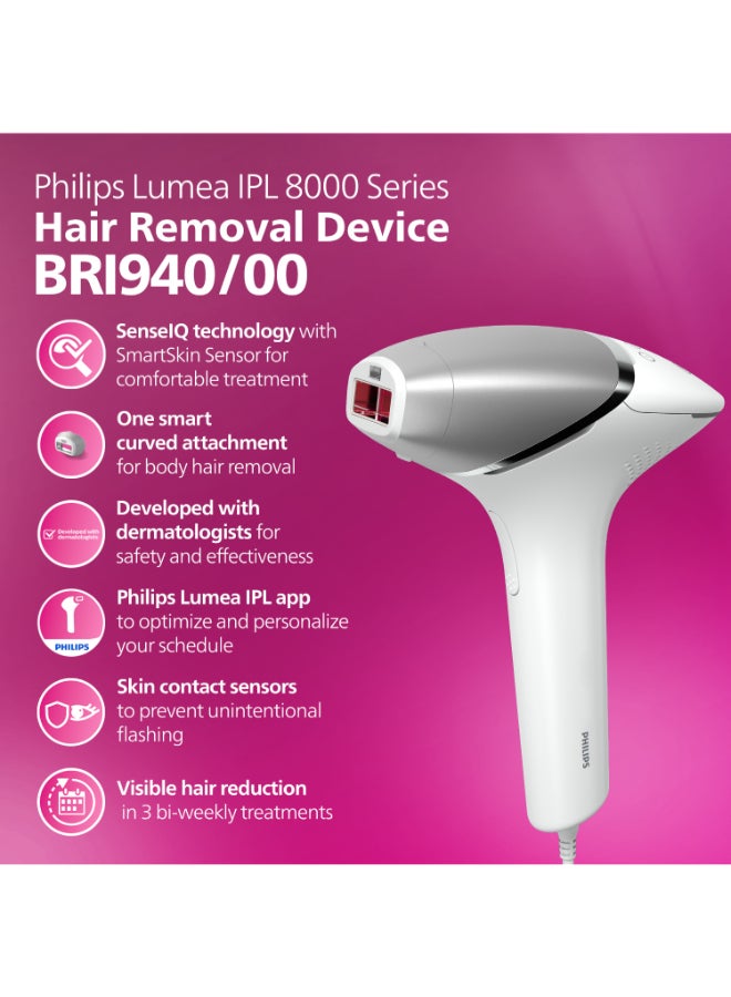 Philips Lumea IPL, Hair Removal, 8000 Series, Sense IQ Technology, Body Treatment Attachment, Corded Use, BRI940/00, 60 Days Money Back Guarantee White/Silver