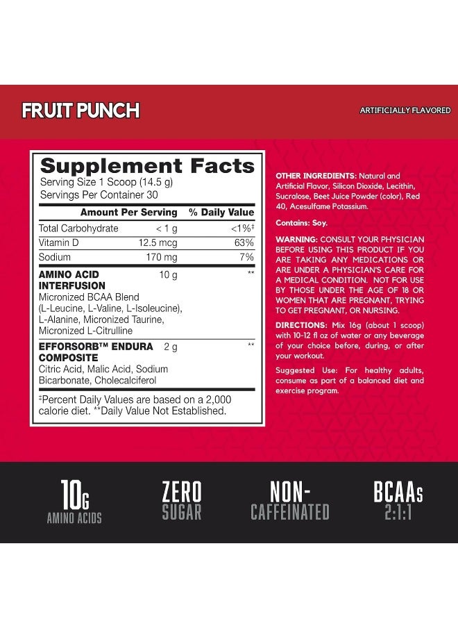 Amino Energy Powder for Endurance and Recovery, Effervesent Instantized Amino Acids, Dietary Supplement - Fruit Punch, 435 Grams, 30 Servings