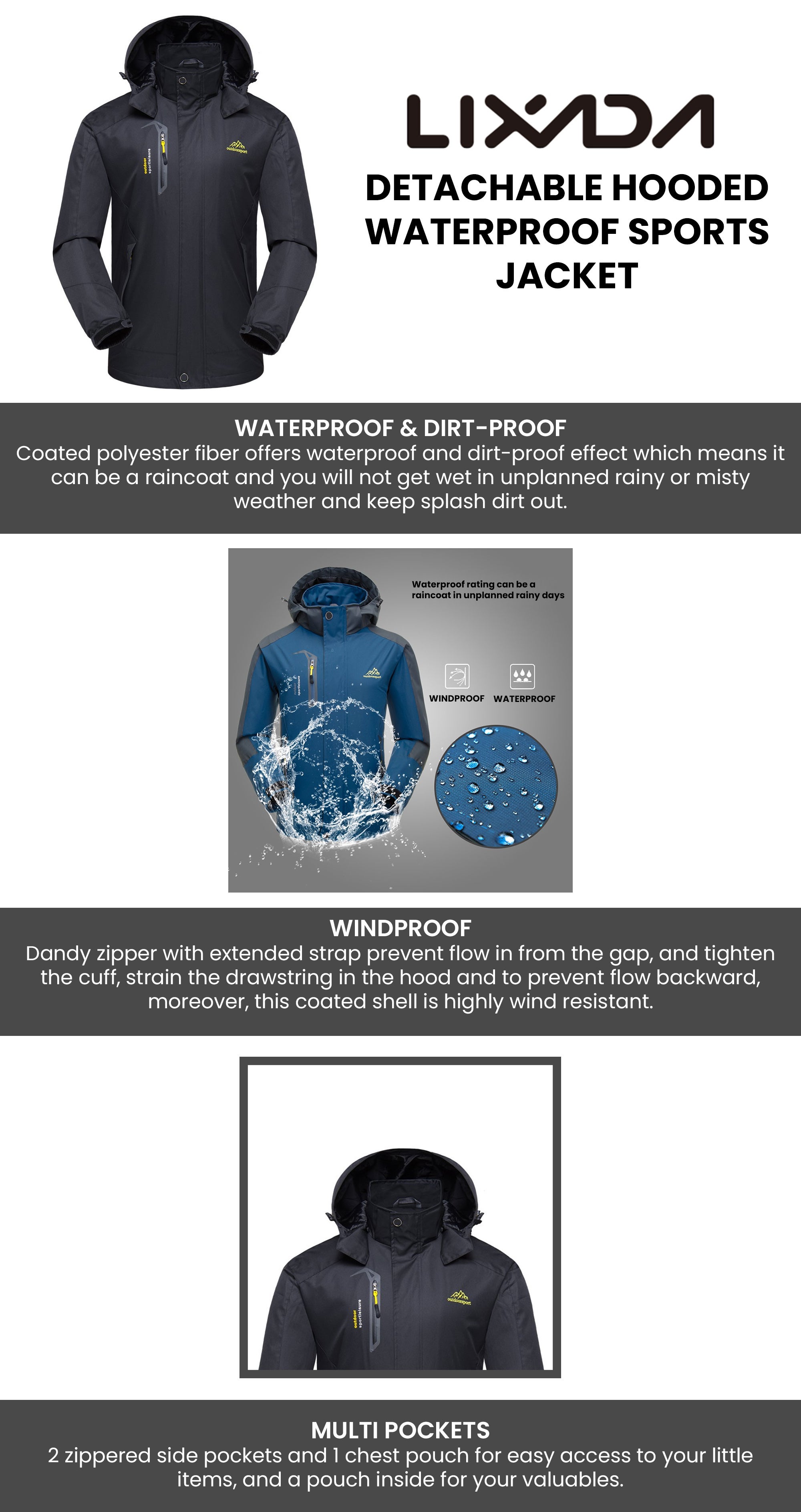 Detachable Hooded Waterproof Sports Jacket L