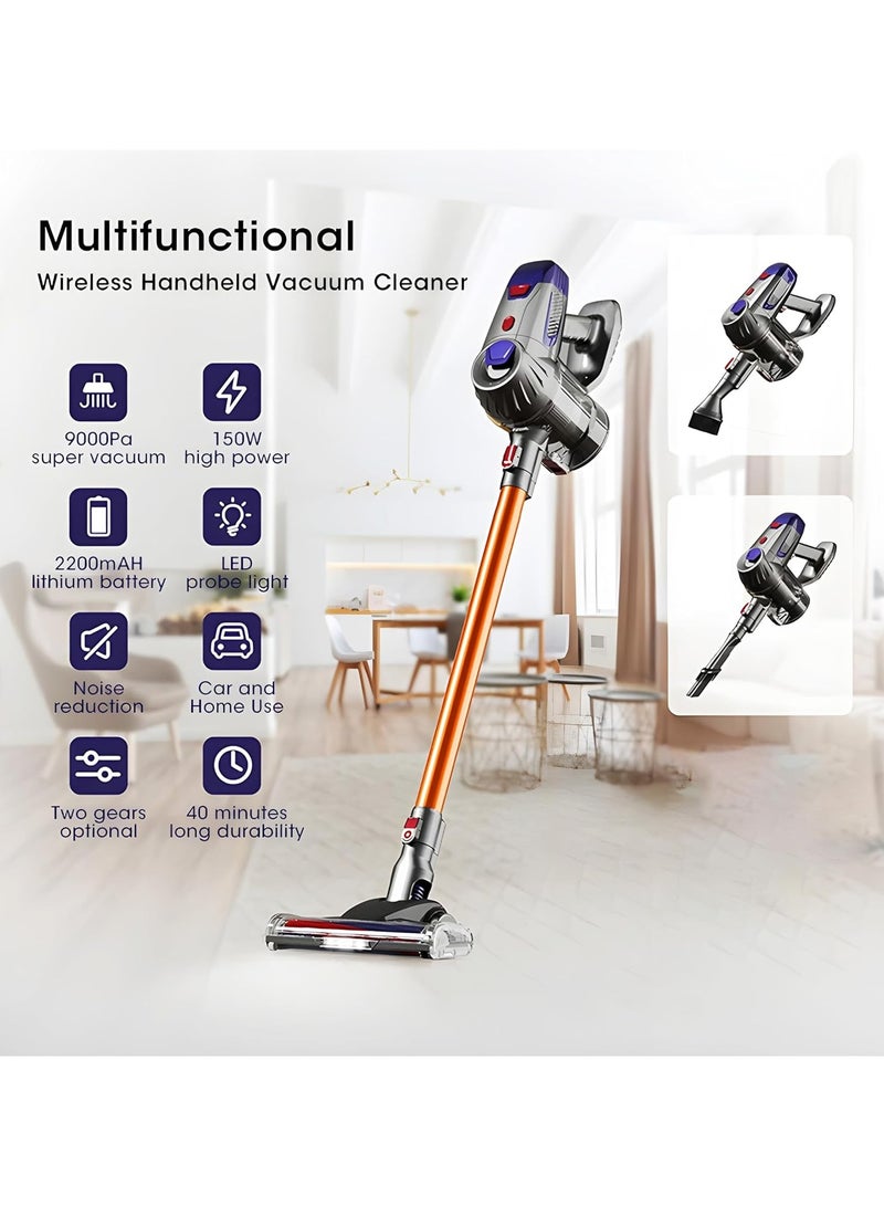 Cordless Vacuum Cleaner 4 in 1, Vacuum Cleaner Wireless for Home, Household Vacuum Cleaner w/ Battery, Stick Vacuum Cleaner Cordless with LED Lights for Dry Floor, Tile, Carpet - Gold