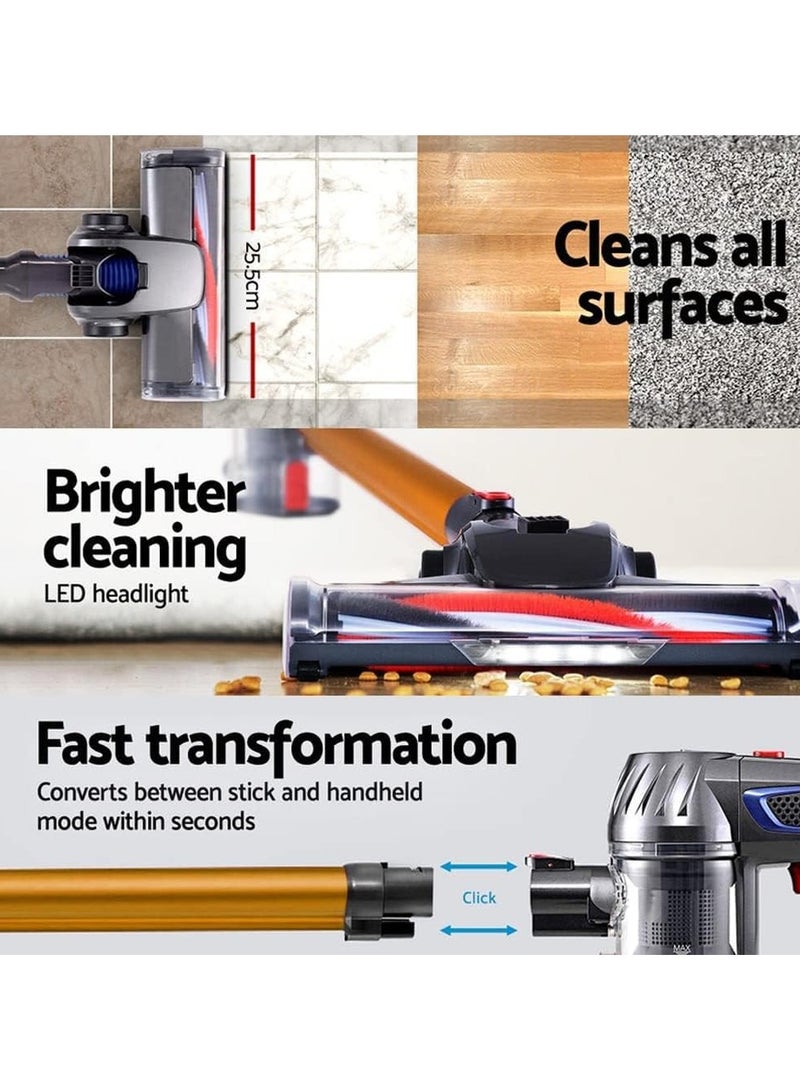 Cordless Vacuum Cleaner 4 in 1, Vacuum Cleaner Wireless for Home, Household Vacuum Cleaner w/ Battery, Stick Vacuum Cleaner Cordless with LED Lights for Dry Floor, Tile, Carpet - Gold