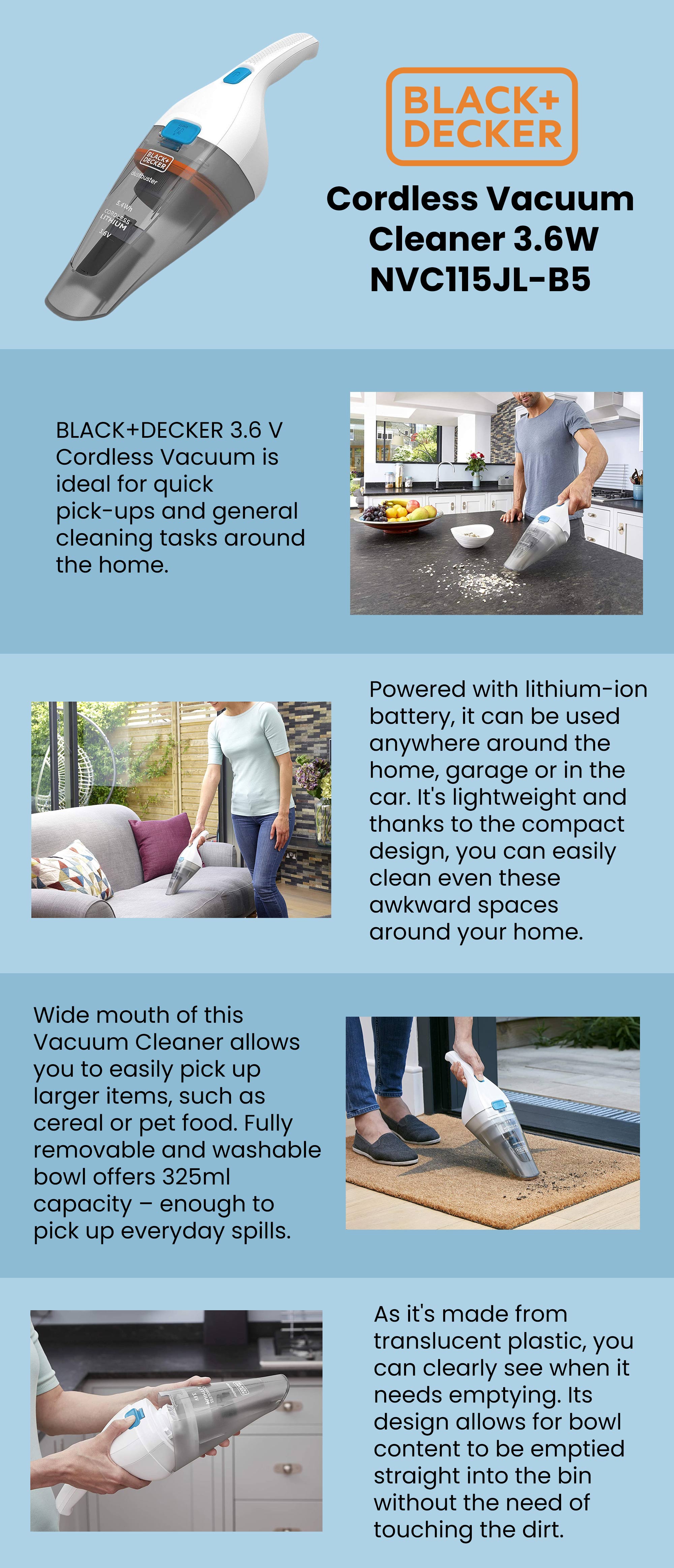 Cordless Handheld Portable Vacuum Cleaner, 3.6V, Lithium-Ion Battery 1.5Ah, 8AW Suction Power, 325ml Visible Dirt Bowl, Quick and Easy Cleaning, 5.4 W NVC115JL-B5 White/Grey