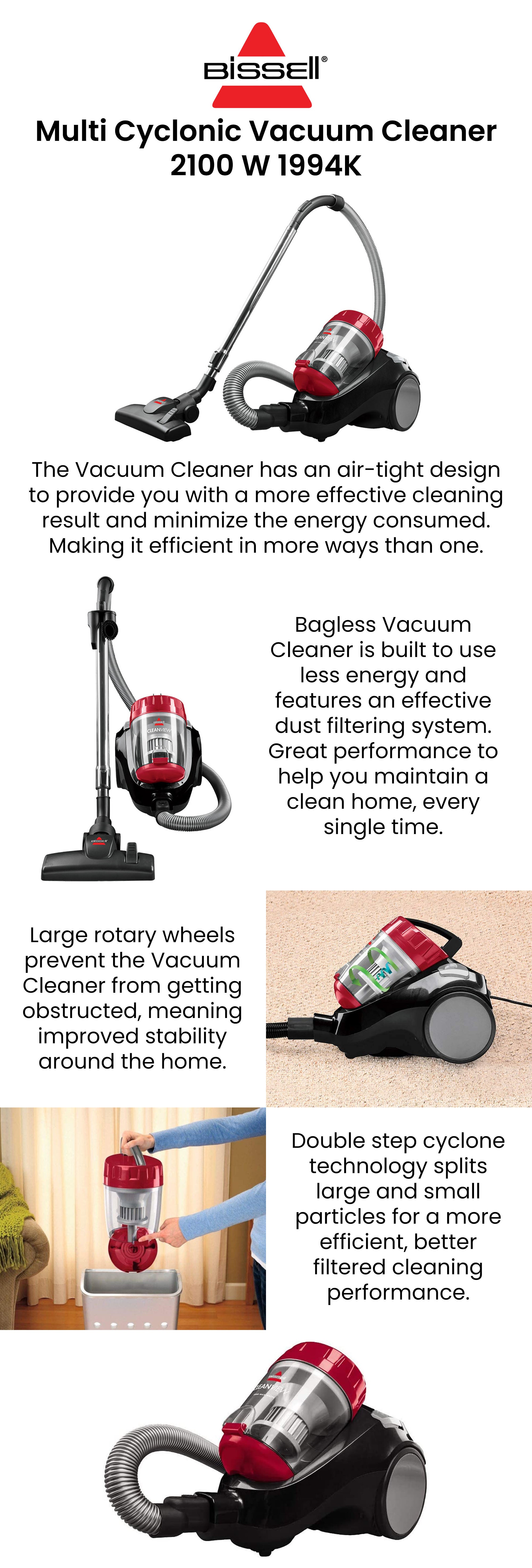 Canister CleanView Multicyclonic Vacuum Cleaner: Versatile Cleaning for Carpets and Hard Floors, Interchangeable Onboard Tools, Advanced Cyclone Technology, Multi-Level Filtration - Ideal for Carpets and Hard Floors 2.2 ml 2000 W 1994K Red/Grey/Black