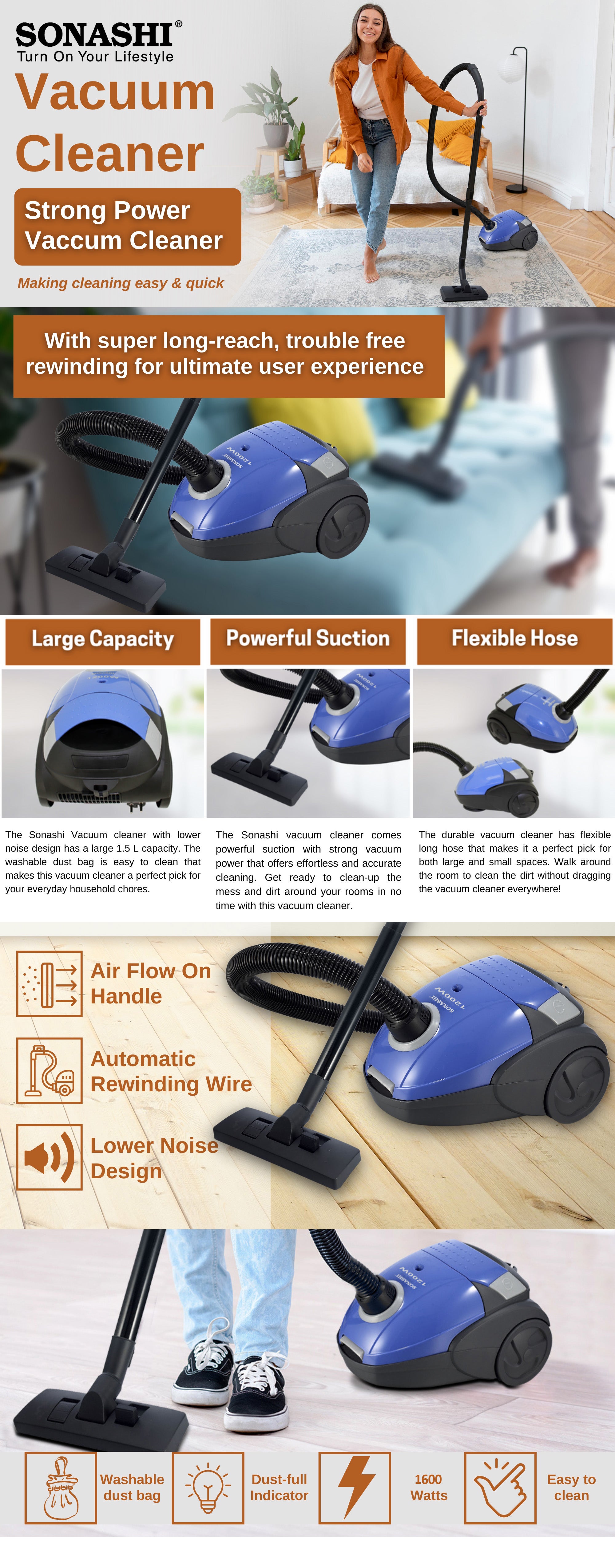 1.5L Canister Vacuum Cleaner | 2PC Plastic Insert Tube with Automatic Rewinding Wire | Lower Noise Design with Washable Cloth Dust Bag | Powerful Performance 1.5 L 1600 W SVC-9024 Black/Blue