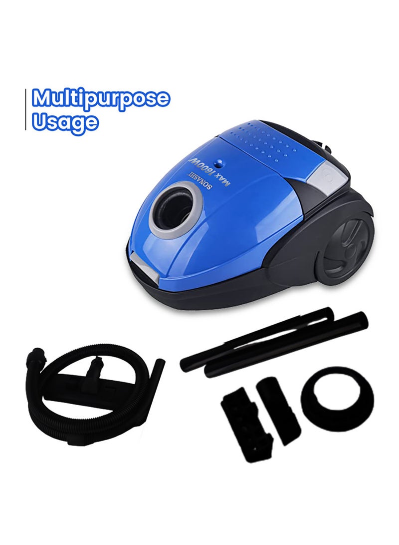 1.5L Canister Vacuum Cleaner | 2PC Plastic Insert Tube with Automatic Rewinding Wire | Lower Noise Design with Washable Cloth Dust Bag | Powerful Performance 1.5 L 1600 W SVC-9024 Black/Blue