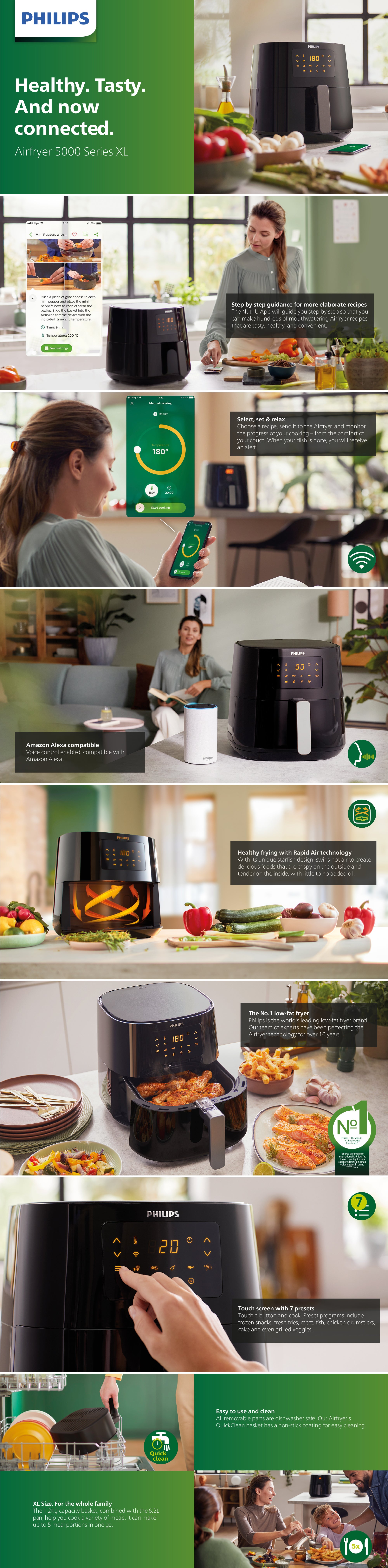 XL Capacity Digital Air fryer With Rapid Air Technology Wi Fi Connected Kitchen App Alexa Compatible 6.2 L 2000 W HD9280/91 Black